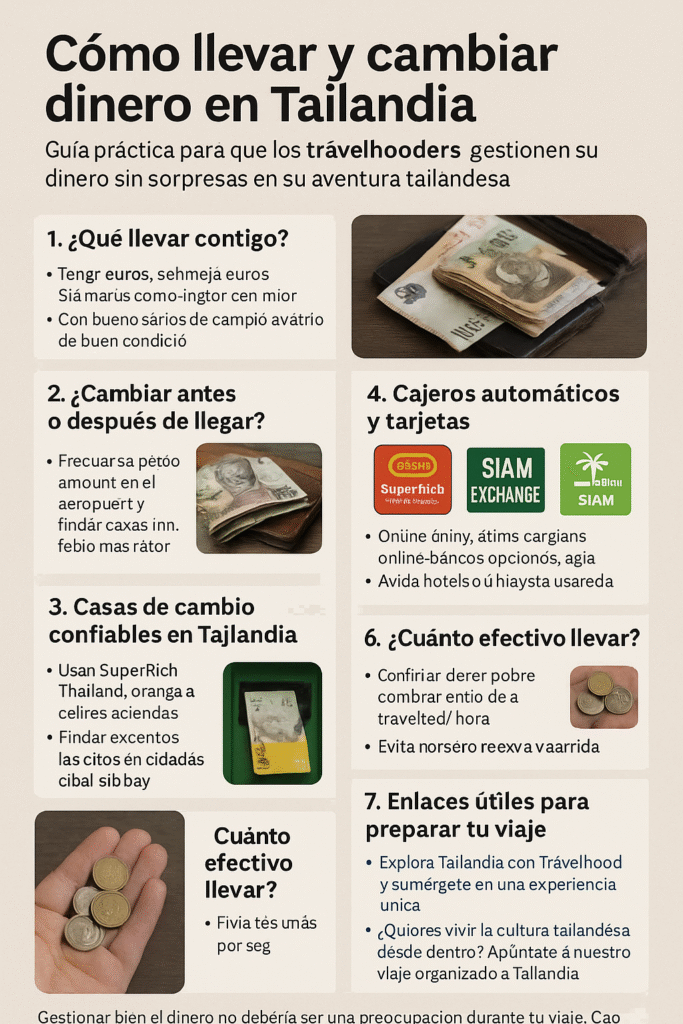 Infografía con consejos prácticos sobre cómo llevar y cambiar dinero en Tailandia, dirigida a viajeros.