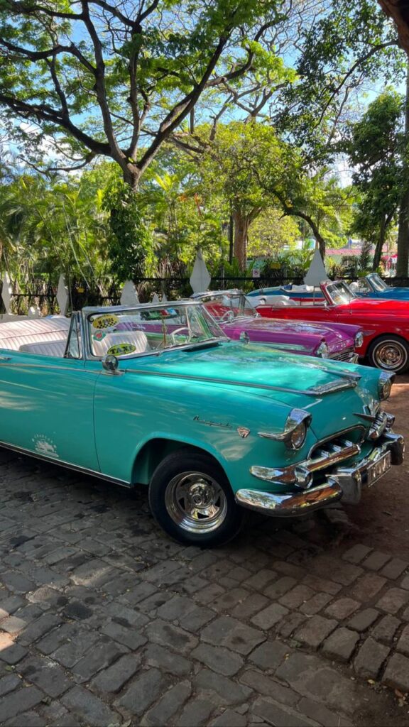 Automóviles clásicos descapotables de colores vibrantes estacionados en una calle adoquinada, rodeados de árboles frondosos.