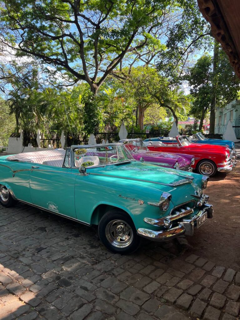 Autos clásicos descapotables en colores vibrantes estacionados en una calle adoquinada, rodeados de árboles frondosos.