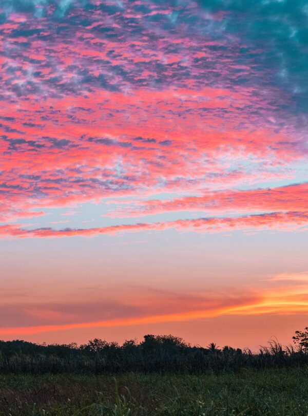 Atardecer con cielos pintados de tonos rosados, naranjas y azules sobre un campo abierto y una colina en el horizonte.