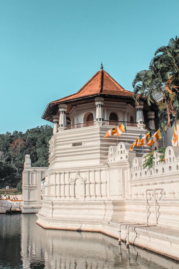 Vista exterior del Templo del Diente en Kandy, Sri Lanka, con arquitectura blanca junto a un estanque y banderas budistas.
