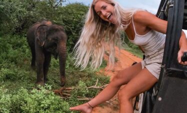 Mujer sonriente asomada desde un vehículo de safari, cerca de un elefante joven en un camino de tierra rodeado de vegetación.
