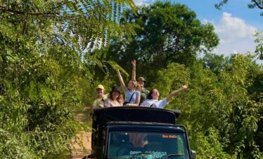 Grupo de turistas disfrutando un safari en un vehículo abierto rodeado de vegetación en un camino de tierra bajo un cielo azul.