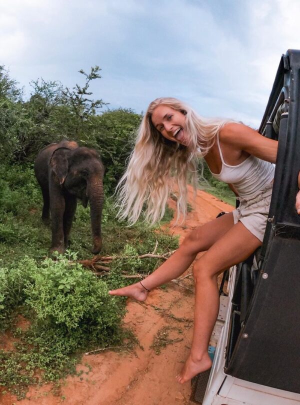 Mujer sonriente asomada desde un vehículo de safari mientras observa de cerca a una cría de elefante en la selva.