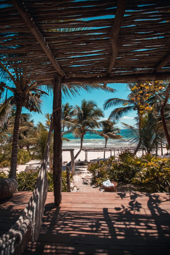 Vista desde una palapa de madera hacia una playa tropical con palmeras, arena blanca y mar turquesa.