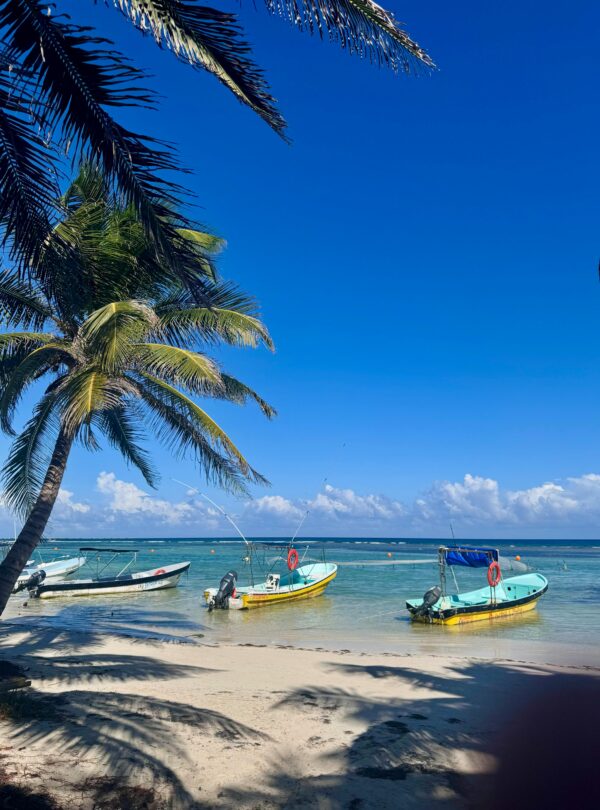 Playa tropical con palmeras y tres lanchas ancladas en la orilla del mar bajo un cielo despejado.