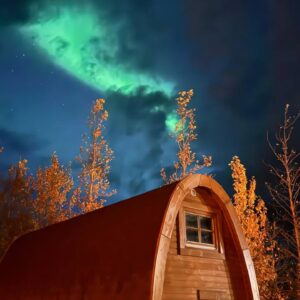 Cabaña de madera rodeada de árboles otoñales bajo una aurora boreal verde en el cielo nocturno.