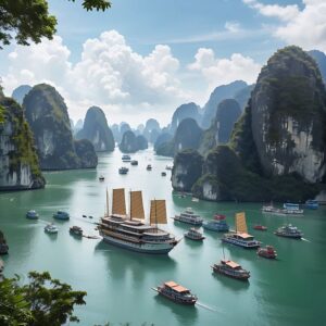 Vista panorámica de la bahía de Ha Long en Vietnam con barcos tradicionales navegando entre formaciones rocosas kársticas.