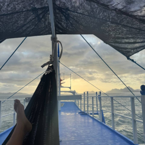 Vista desde una hamaca en la cubierta de un barco al atardecer, con el mar y montañas en el horizonte.